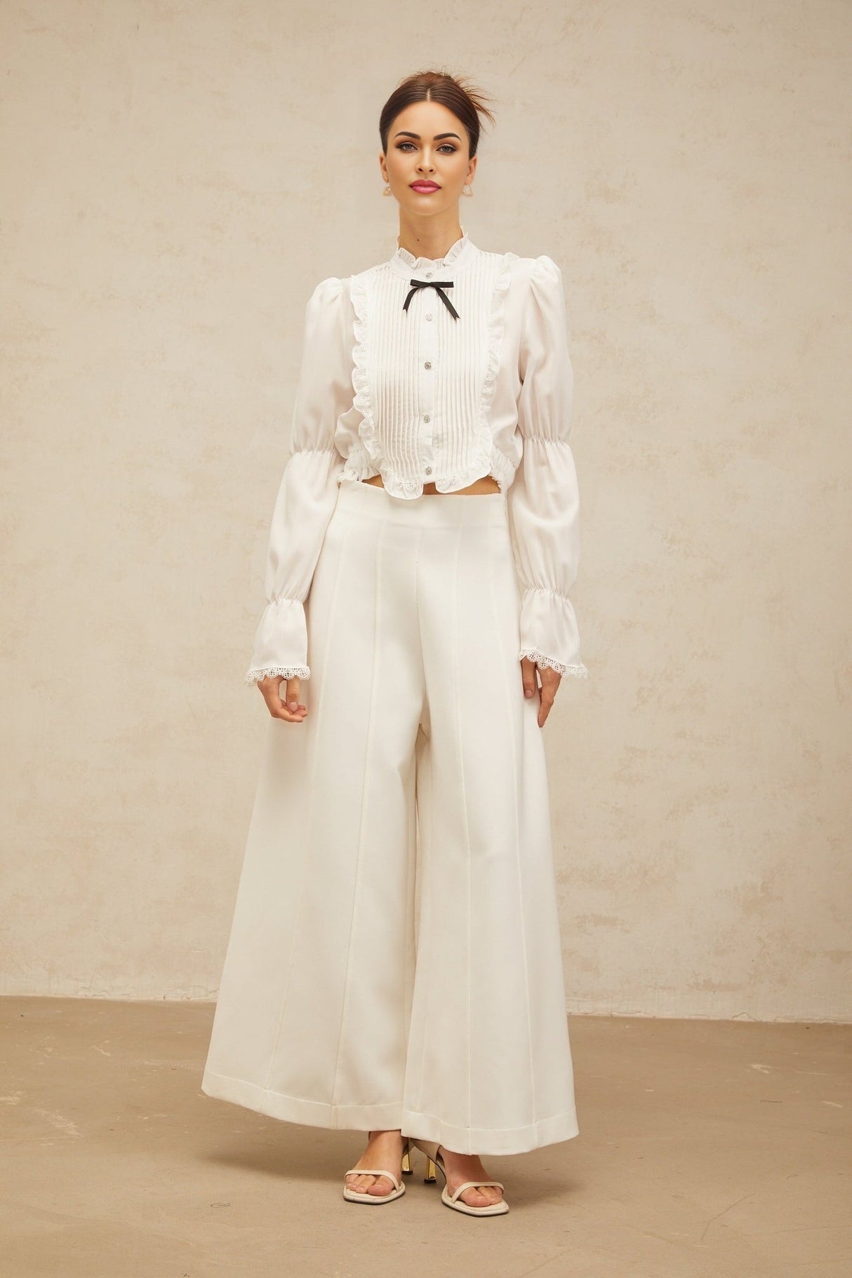 Teresa Shirt White Bowknot Ruffled & Shirred Panel