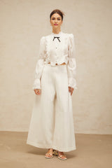 Teresa Shirt White Bowknot Ruffled & Shirred Panel