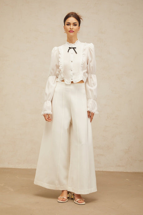 Teresa Shirt White Bowknot Ruffled & Shirred Panel