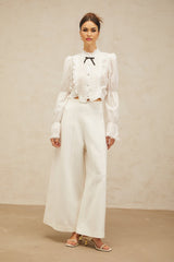Teresa Shirt White Bowknot Ruffled & Shirred Panel