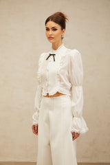 Teresa Shirt White Bowknot Ruffled & Shirred Panel