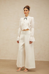Teresa Shirt White Bowknot Ruffled & Shirred Panel
