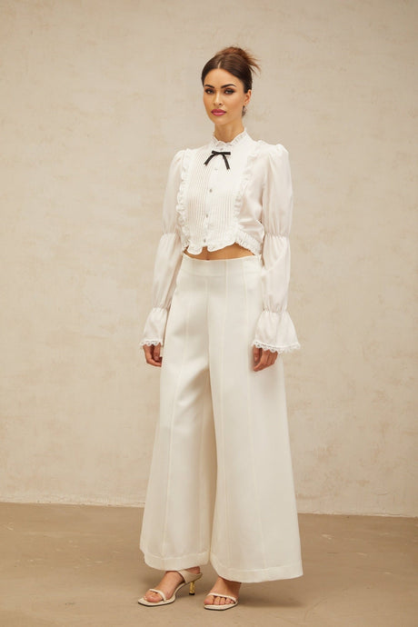 Teresa Shirt White Bowknot Ruffled & Shirred Panel