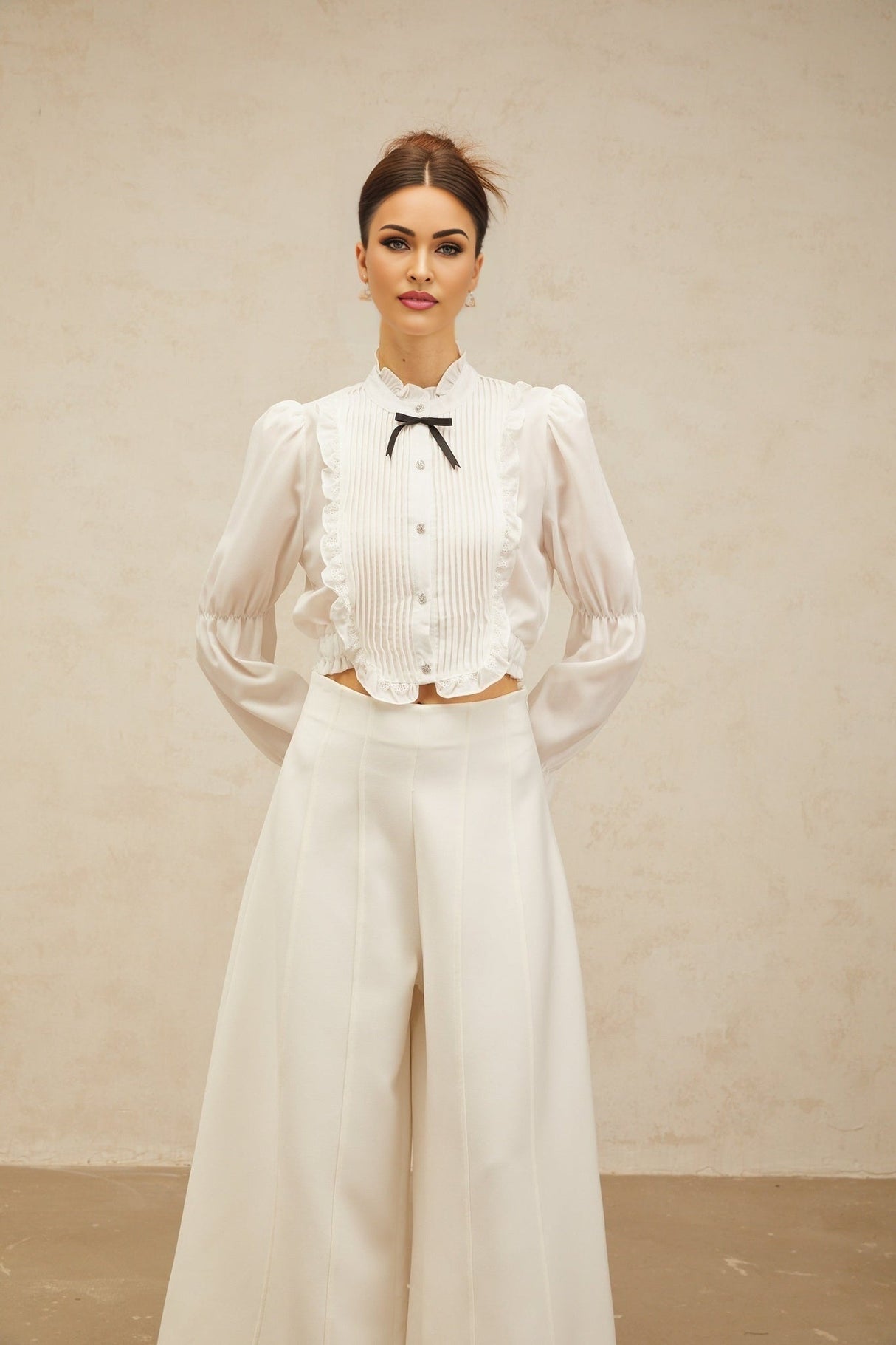 Teresa Shirt White Bowknot Ruffled & Shirred Panel