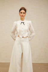 Teresa Shirt White Bowknot Ruffled & Shirred Panel