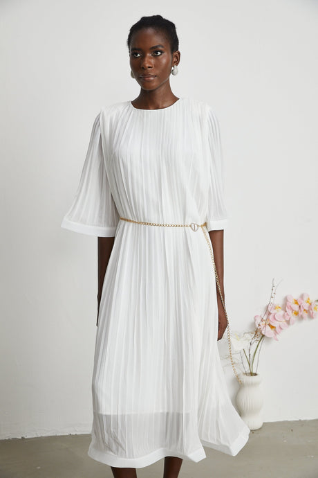 Teresina Midi Dress Flared Sleeves White Pleated ALine Hem & Belt