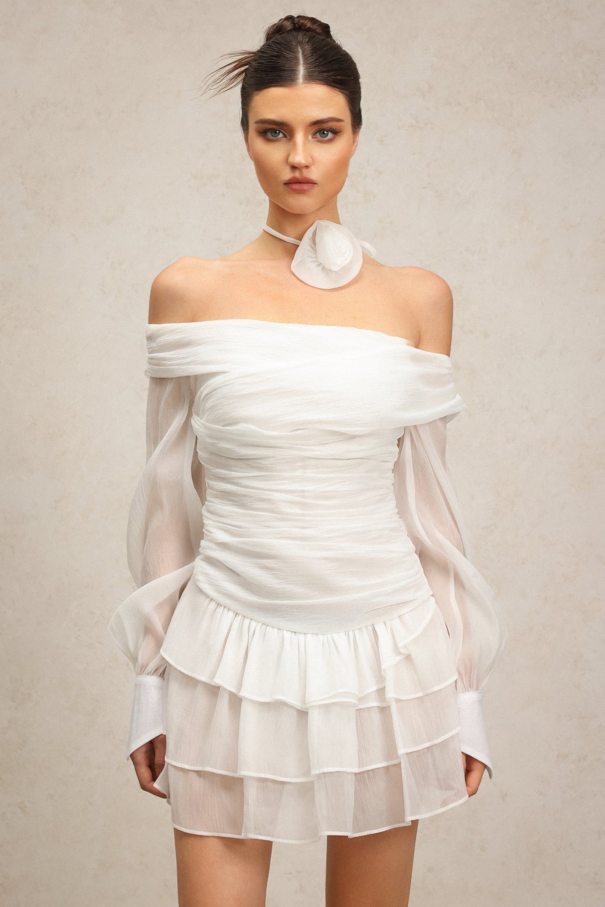 Teresina White Off-Shoulder Mini Dress with Long Sleeves and Ruched Waist for Garden Parties and Evening Events
