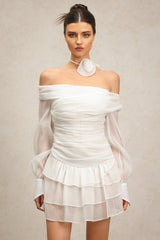 Teresina White Off-Shoulder Mini Dress with Long Sleeves and Ruched Waist for Garden Parties and Evening Events