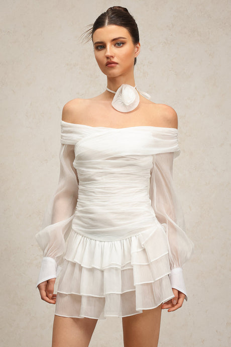 Teresina White Off-Shoulder Mini Dress Long Sleeve Ruched Waist Layered Skirt Elegant Chic Fashion