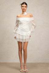Teresina White Off-Shoulder Mini Dress with Flowy Sleeves and Ruched Waist
