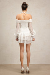 Teresina White Off-Shoulder Mini Dress with Flowy Sleeves and Ruched Waist for Garden Parties and Evening Events