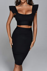 Tersilla Black Ribbed Texture Ruffled Sleeve Crop Top Dress