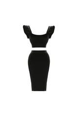 Tersilla Black Ribbed Texture Ruffle Sleeve Crop Top Dress