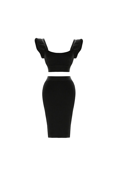 Tersilla Black Ribbed Texture Ruffle Sleeve Crop Top Dress
