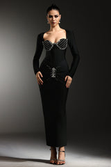 Tersilla Black Sirena Silhouette Rhinestone Detail Long Sleeve Dress