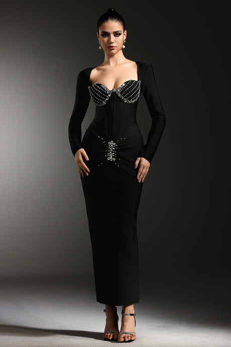Tersilla Black Sirena Silhouette Rhinestone Detail Long Sleeve Dress