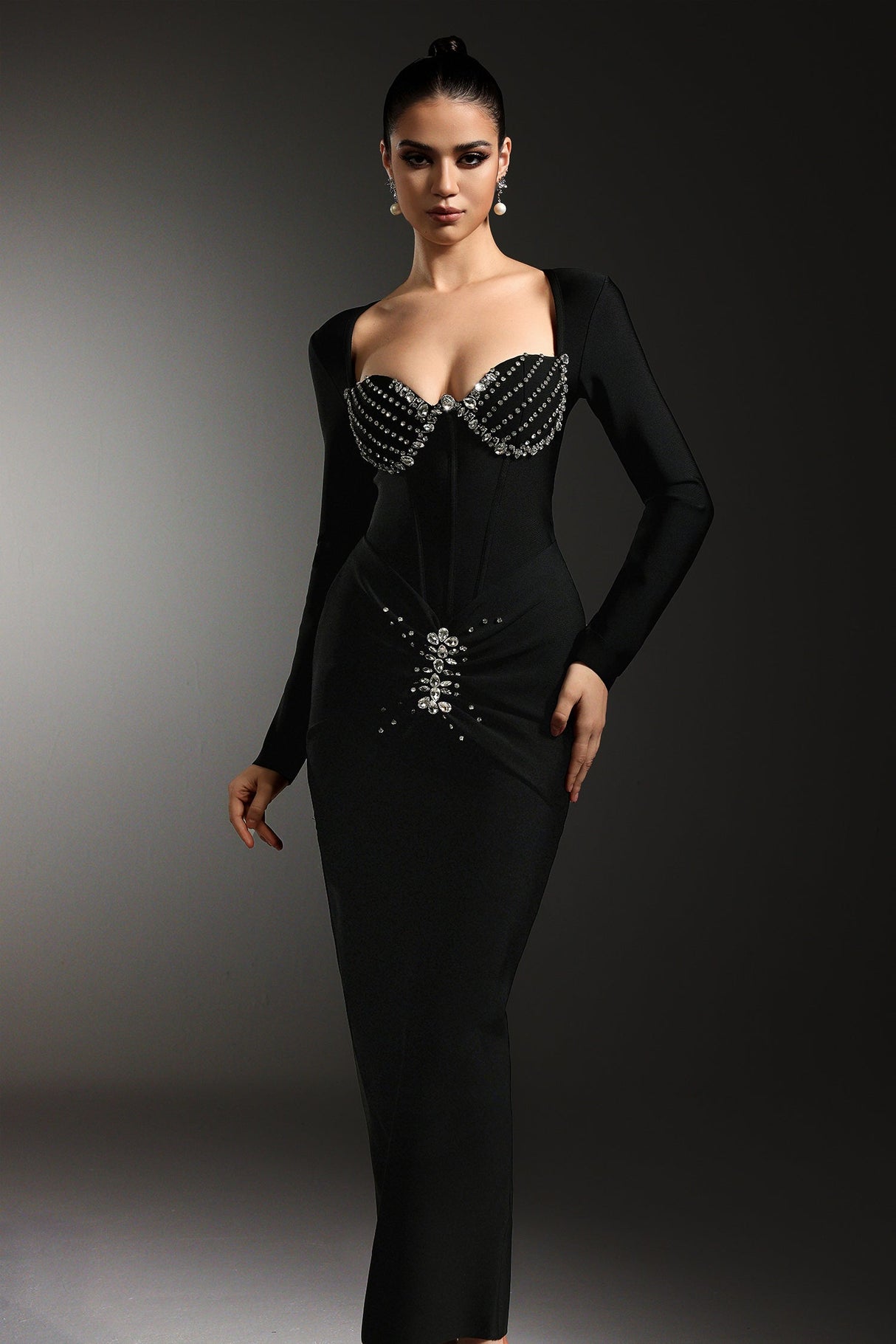Tersilla Black Sirena Silhouette Rhinestone Detailing Long Sleeve Dress