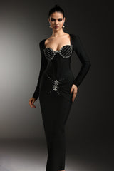 Tersilla Black Sirena Silhouette Rhinestone Detailing Long Sleeve Dress
