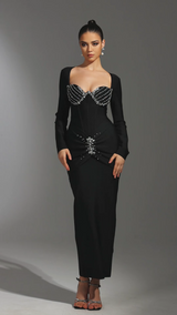 Tersilla Black Sirena Silhouette Rhinestone Detailing Long Sleeve Dress