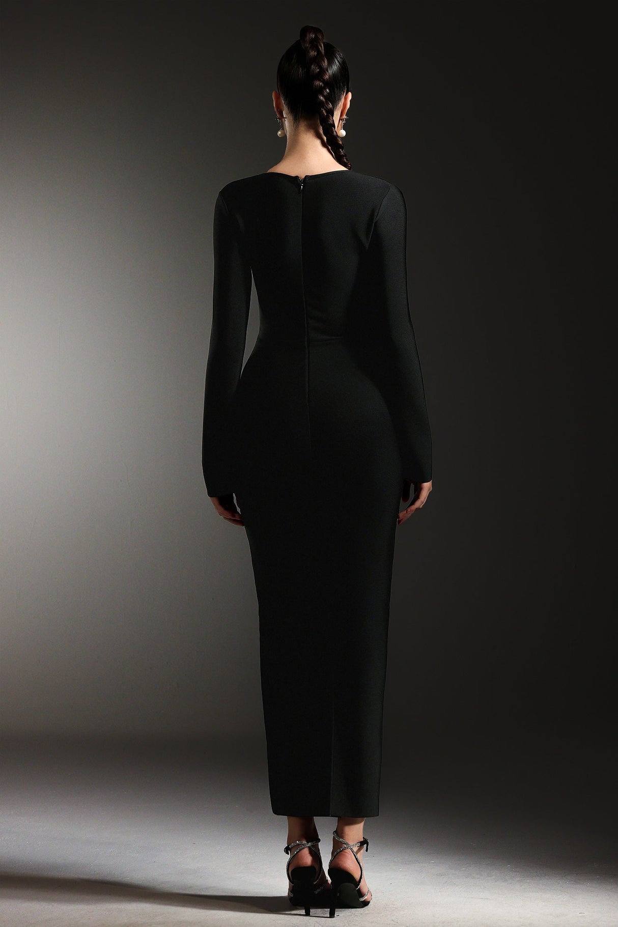 Tersilla Black Sirena Silhouette Rhinestone Detailing Long Sleeve Dress