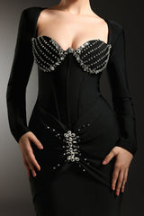Tersilla Black Sirena Silhouette Rhinestone Embellished Long Sleeve Formal Dress
