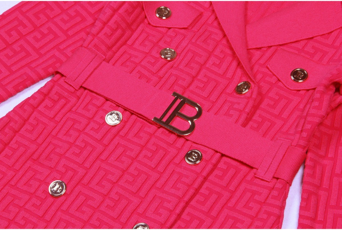 Tessa Midi Dress - Tailored Silhouette - Double - Breasted Design - Fitted Shape - Vibrant Pink - Embellished Buttons