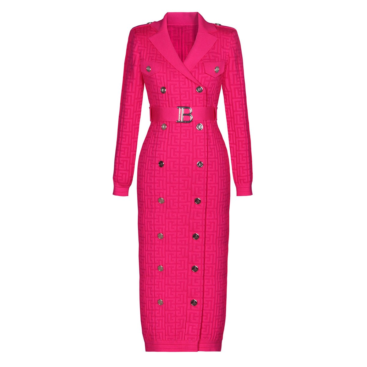Tessa Midi Dress - Tailored Silhouette - Double - Breasted Design - Fitted Shape - Vibrant Pink - Embellished Buttons