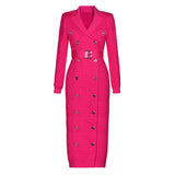 Tessa Midi Dress - Tailored Silhouette - Double - Breasted Design - Fitted Shape - Vibrant Pink - Embellished Buttons