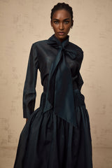 Tessa Shirt & Skirt Ribbon Tie Neck Green Maxi Set