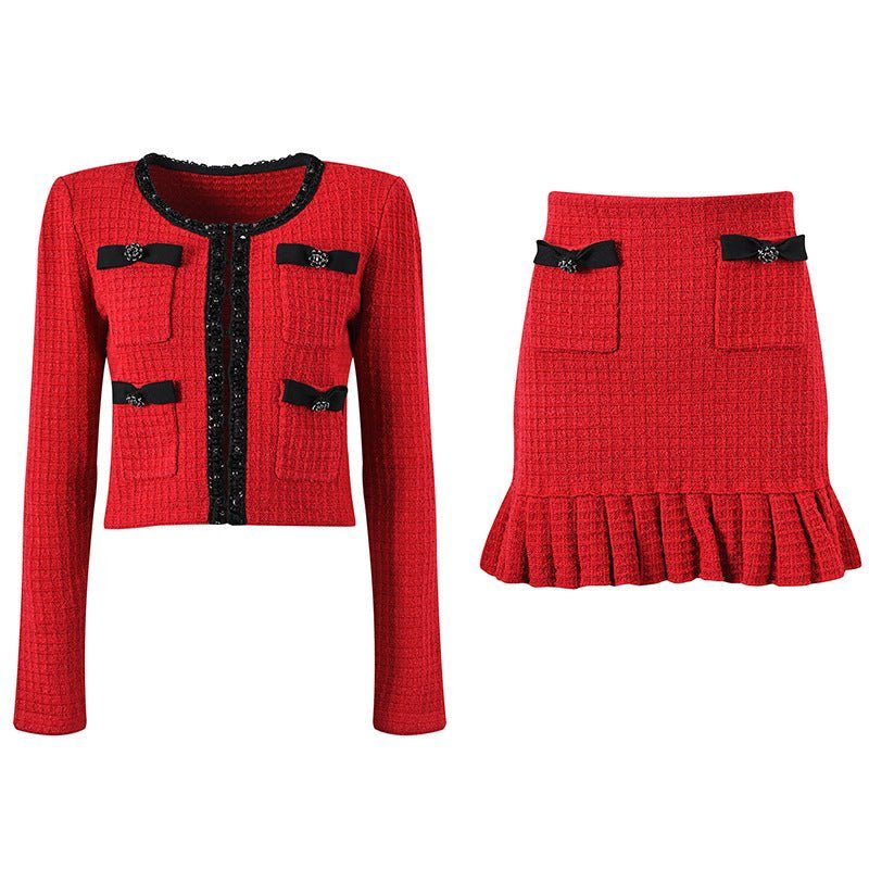 Tessa's Jacket & Skirt Set - Classic Tweed Design - Flattering Tailored Fit - Textured Fabric - Bow Embellishments - Timeless Style