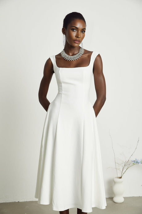 Thala White Sleeveless Midi Dress With Square Neck and Pleats