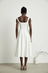 Thala White Sleeveless Midi Dress With Square Neck and Pleats