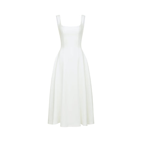 Thala White Sleeveless Midi Dress With Square Neck and Pleats