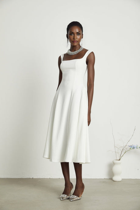 Thala White Sleeveless Midi Dress With Square Neck and Pleats