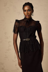 Thérèse black midi dress with guipure lace panels shown without belt
