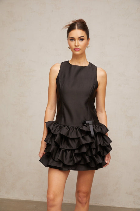 Therese black mini dress with ruffled tiered layers