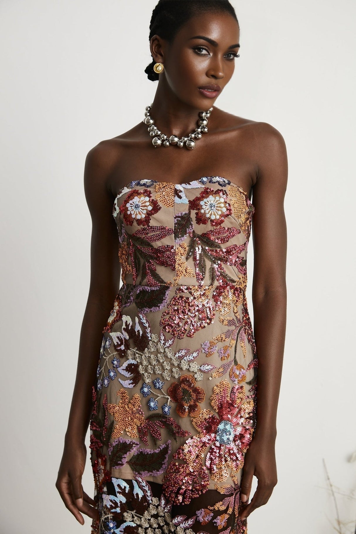 Thérèse Strapless Embroidered Sequin Gown With Floral Motif