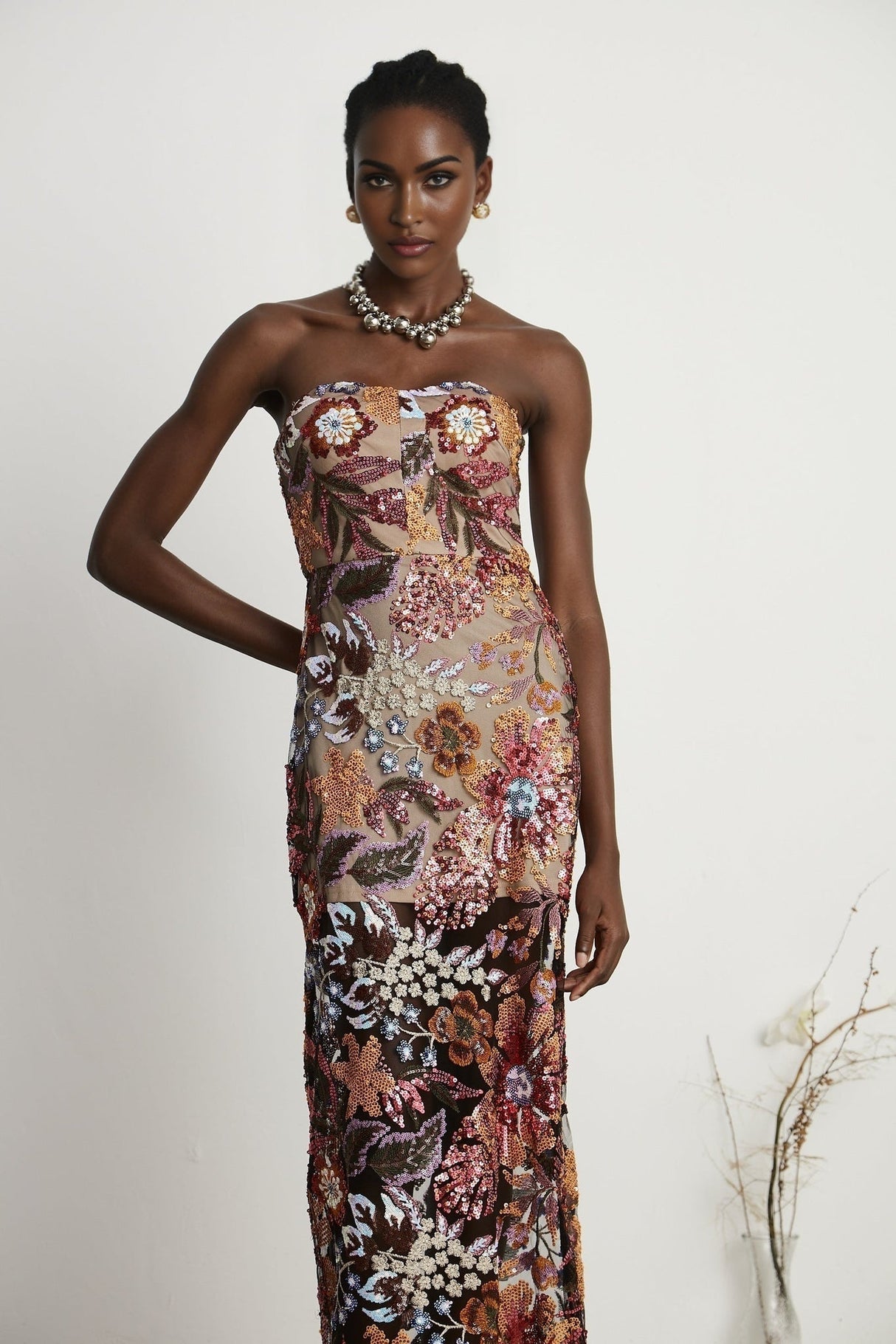 Thérèse Strapless Embroidered Sequin Gown With Floral Motif