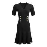 Tiana Dress - Fitted Silhouette - Flared Hemline - Ribbed Texture - V - Neckline - Gold Button Details