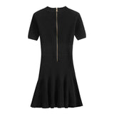 Tiana Dress - Fitted Silhouette - Flared Hemline - Ribbed Texture - V - Neckline - Gold Button Details