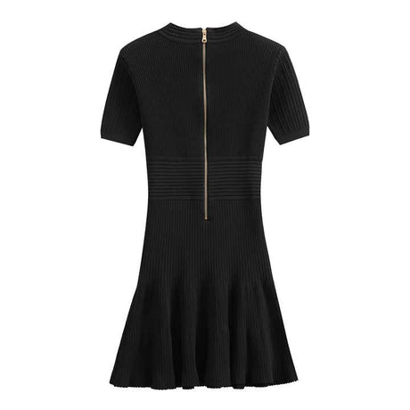 Tiana Dress - Fitted Silhouette - Flared Hemline - Ribbed Texture - V - Neckline - Gold Button Details