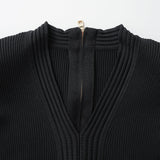 Tiana Dress - Fitted Silhouette - Flared Hemline - Ribbed Texture - V - Neckline - Gold Button Details