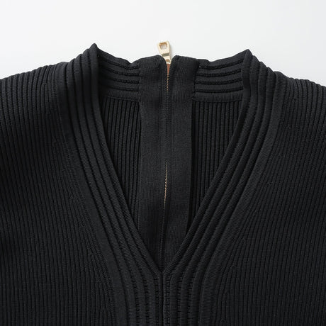 Tiana Dress - Fitted Silhouette - Flared Hemline - Ribbed Texture - V - Neckline - Gold Button Details