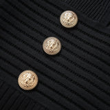 Tiana Dress - Fitted Silhouette - Flared Hemline - Ribbed Texture - V - Neckline - Gold Button Details