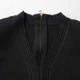 Tiana Dress - Fitted Silhouette - Flared Hemline - Ribbed Texture - V - Neckline - Gold Button Details