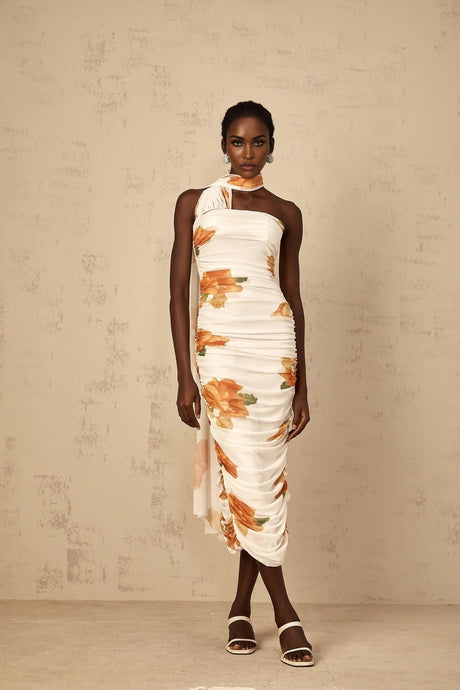 Tiana Midi Dress White Floral Ruched Tulle Off - Shoulder Slit Calf - Length