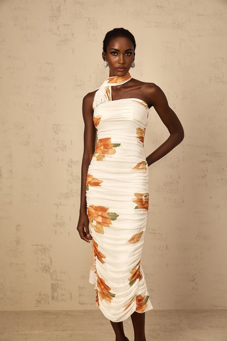 Tiana Midi Dress White Floral Ruched Tulle Off - Shoulder Slit Calf - Length