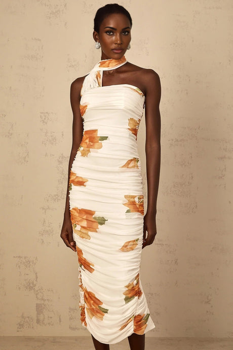 Tiana Midi Dress White Floral Ruched Tulle Off - Shoulder Slit Calf - Length
