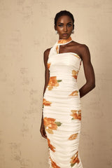 Tiana Midi Dress White Floral Ruched Tulle Off - Shoulder Slit Calf - Length