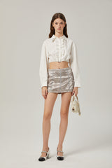 Tiana Skirt Lace Stripes Pleated & Button Fastening Silver